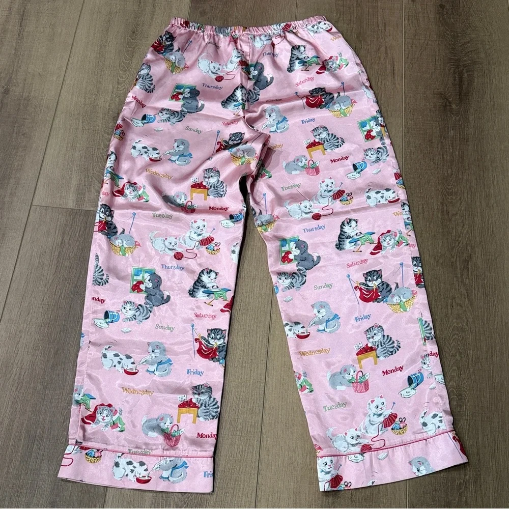 Nick & Nora Girls XL 14/16 Pink Satin Pajama Pants Kitten Cats Days Of Week Meow